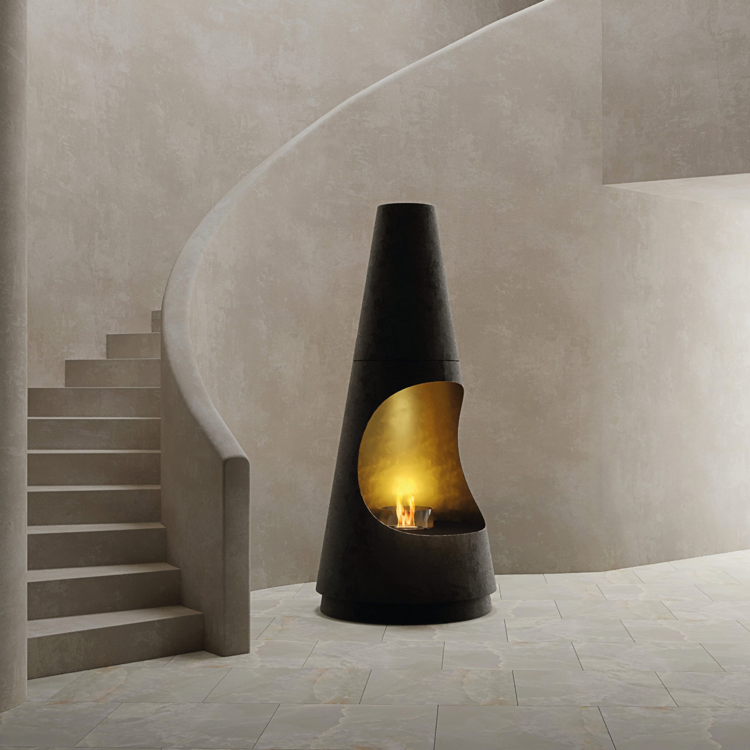 GlammFire Archimedes bioethanol fireplace with a gold-toned interior beside a curved staircase